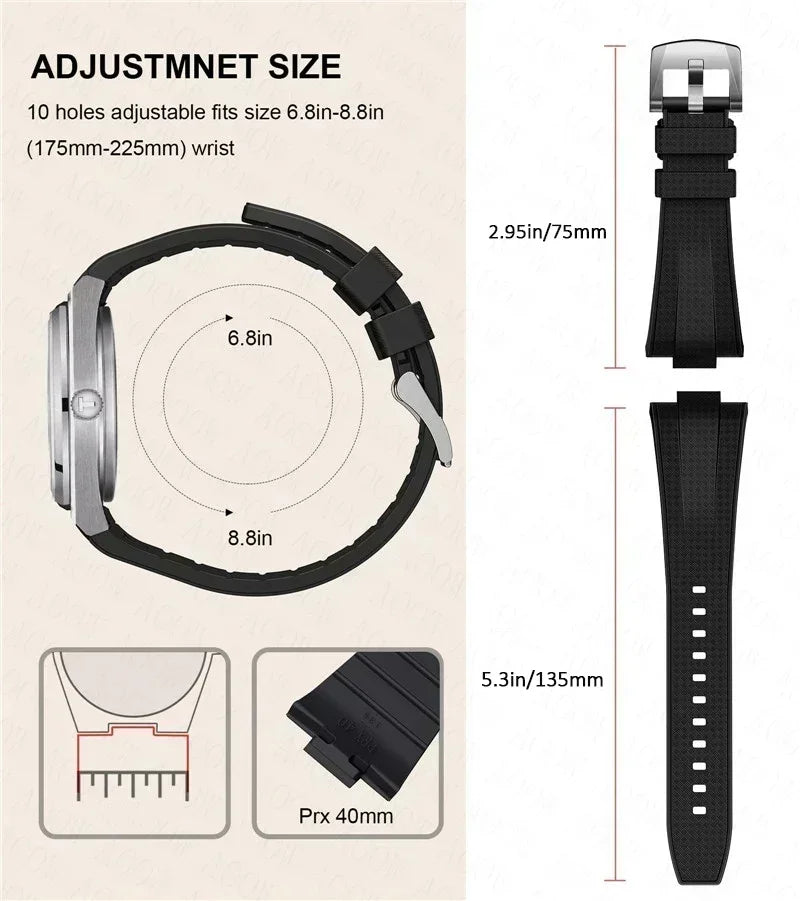 Black adjustable watch strap with measurement details on a beige background