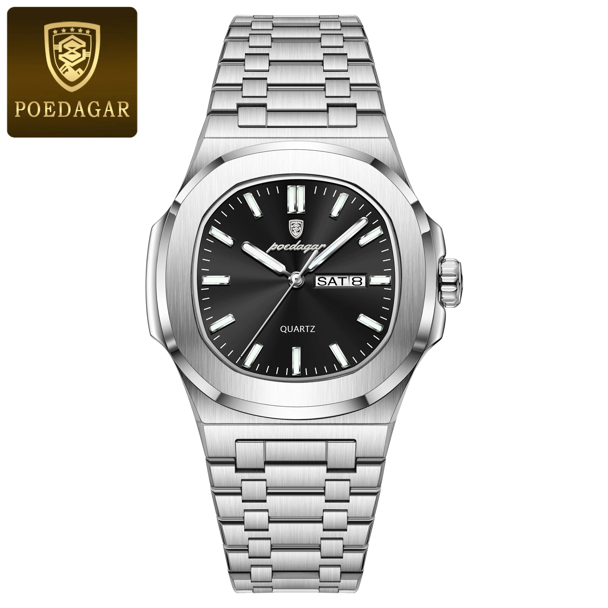 POEDAGAR Men's Square Watch: Waterproof, Luminous, & Stainless Steel