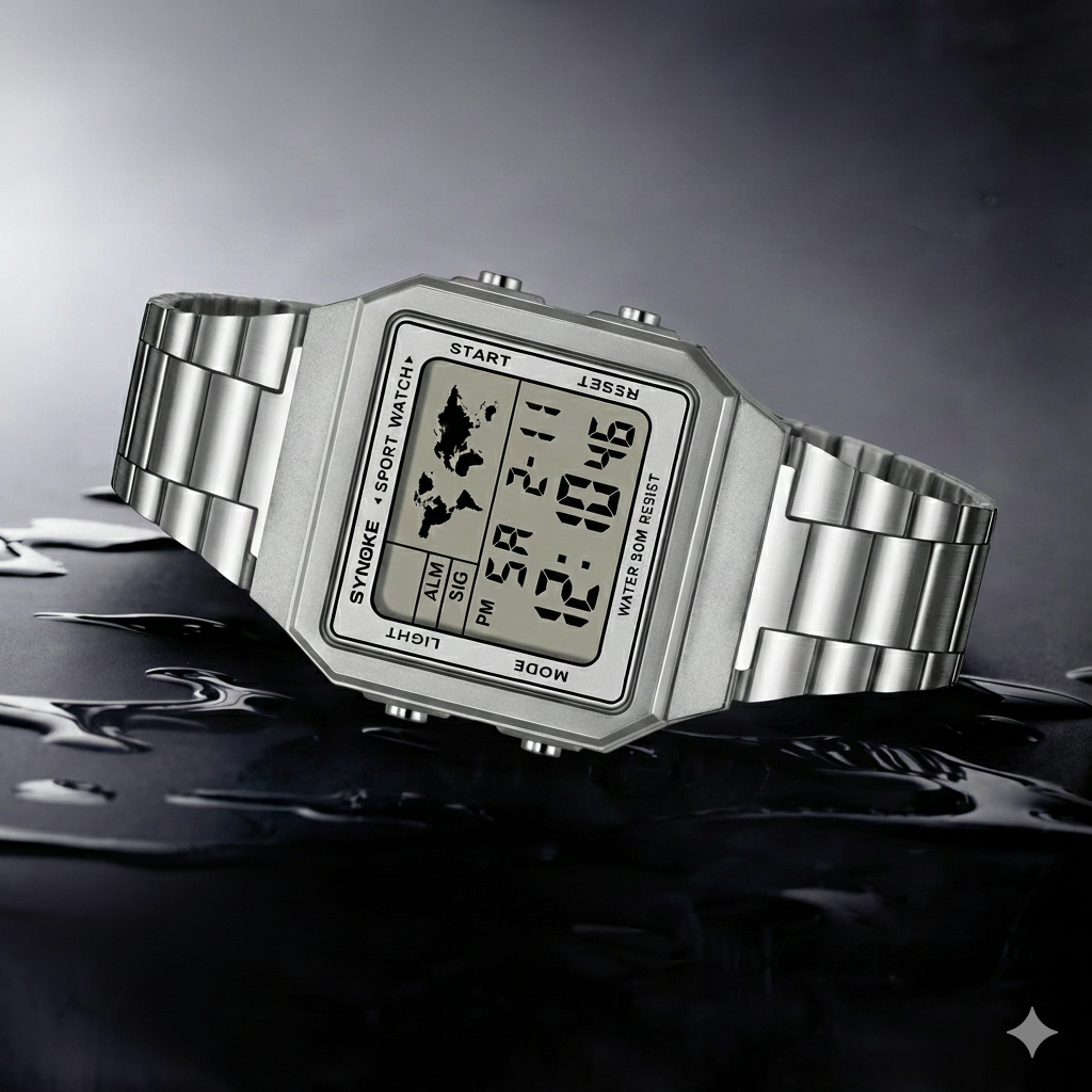 SYNOKE Stainless Steel watchband Chrono Sport Watches Men Back Light Display Digital Wristwatch Waterproof plastic watch case. Boredmind.shop