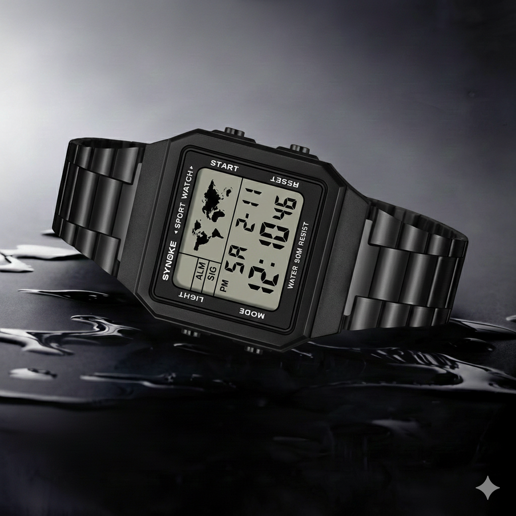 SYNOKE Stainless Steel watchband Chrono Sport Watches Men Back Light Display Digital Wristwatch Waterproof plastic watch case. Boredmind.shop